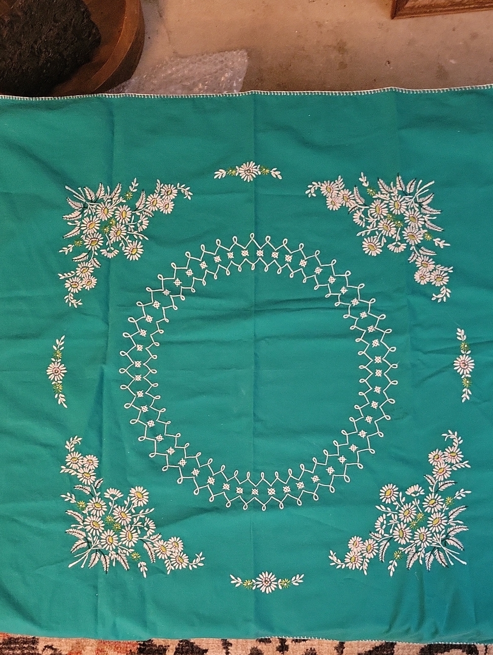 Vintage Teal Floral Embroidered Tablecloth 32"